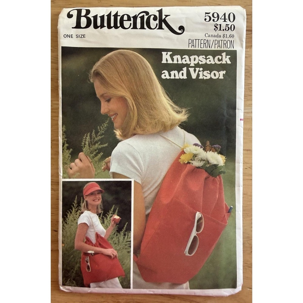 Butterick Pattern 5940 Sun Visor Knapsack Tote Bag Drawstring Cut Complete